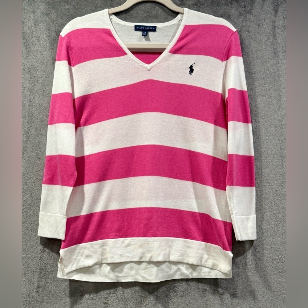 Ralph‎ Lauren Cotton Pink And White Striped V Neck Sweater Pullover Pony Women L